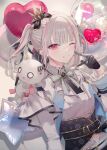  1girl asumi_sena balloon black_gloves blue_bow bow collared_shirt commentary crown ear_chain earclip finger_to_cheek gloves grey_hair grin heart_balloon highres linked_piercing long_hair long_sleeves looking_at_viewer mini_crown multicolored_hair navel official_artist_extra one_eye_closed piercing pink_hair pink_streaks shirt signature smile star_balloon streaked_hair stuffed_toy twintails underbust virtual_youtuber vspo! white_bow white_shirt yukisame 