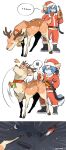 2024 ambiguous_gender ambiguous_penetration anthro antlers bell blue_body blue_fur blue_hair brown_body brown_fur chinese_text christmas christmas_clothing christmas_headwear clothing cloven_hooves comic costume deer dialogue digital_media_(artwork) duo feral flying footwear fuel_dispenser fuel_pump fur hair hat headgear headwear hi_res holidays hooves horn humor improvised_sex_toy kick mammal motion_lines new_world_deer penetration raised_tail refueling reindeer santa_costume santa_hat shoes standing surprised szangsedezhua01 tail tail_grab tan_body tan_fur text