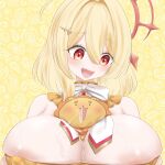  1girl :d areola_slip bad_id bad_twitter_id blonde_hair blush bow bowtie breasts cleavage collar detached_collar frilled_collar frills halo highres hinata_mashu hinata_mashu_(1st_costume) large_breasts looking_down matuidi_matsu1 medium_hair nanashi_inc. open_mouth orange_eyes orange_halo simulated_paizuri smile solo stuffed_animal stuffed_lion stuffed_toy suggestive_fluid upper_body white_bow white_bowtie yellow_background yellow_collar 