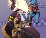 absurd_res alien ambiguous_species anthro bottomless bow_tie clothed clothing cuffs_(clothing) dialogue felid feline femboy five_nights_at_freddy's five_nights_at_freddy's:_help_wanted five_nights_at_freddy's_2 footwear geno28 glitchtrap glowing glowing_markings glowing_tattoo group hi_res kidnapping kurt_the_thunderfloof lagomorph leporid looking_at_another male male/male mammal markings multi_arm multi_eye multi_limb muscular muscular_anthro muscular_male rabbit roller_skates rosy_cheeks scottgames tagme tattoo tattoo_on_shoulder topwear toy_bonnie_(fnaf) trio vest