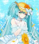  1girl aqua_eyes aqua_hair blush bow brown_hat closed_mouth commentary double-parted_bangs dress fingerless_gloves fingernails flower gloves hair_between_eyes hat hat_bow hat_flower hat_ornament hatsune_miku highres index_finger_raised leaf_hat_ornament long_hair looking_at_viewer magical_mirai_(vocaloid) magical_mirai_miku magical_mirai_miku_(2026) mamo_(fortune-mm) one_eye_closed shirt sleeveless sleeveless_dress solo sunflower twintails upper_body vocaloid white_bow white_dress white_gloves white_shirt yellow_eyes yellow_flower 