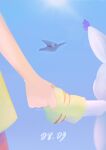  1girl absurdres blue_sky dated digimon digimon_(creature) facing_away feet_out_of_frame hat highres holding_hands looking_ahead remism shirt shorts sky sun tailmon witch_hat yagami_hikari yellow_shirt 