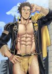 1boy abs absurdres bara blue_sky braid claude_von_riegan closed_mouth cloud coat english_commentary fire_emblem fire_emblem:_three_houses flaccid highres looking_to_the_side male_focus muscular muscular_male nipples no_pants open_clothes open_coat pectorals penis single_braid sky suyohara torn_clothes 