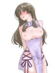  1girl arms_behind_back bags_under_eyes bare_shoulders blush breasts brown_eyes brown_hair chinese_clothes circus-ribon commentary_request cowboy_shot dress highres kiyama_harumi large_breasts long_hair looking_at_viewer nipples parted_lips purple_dress qipao side_slit simple_background toaru_kagaku_no_railgun toaru_majutsu_no_index white_background 