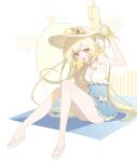  1girl :d arm_up bare_shoulders blonde_hair blue_skirt bon_(bony_53) commentary flower hair_flower hair_ornament hat hat_flower highres holding holding_water_gun hololive hololive_dev_is hololive_dreams innertube knees_up long_hair looking_at_viewer one_side_up otonose_kanade otonose_kanade_(breezy_smile_chords) red_eyes sandals sitting skirt smile solo sun_hat sunflower swim_ring untranslatable_commentary v virtual_youtuber water_gun white_sandals 