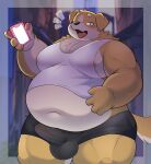 0907_kapi 2026 4_fingers anthro balls_outline bar_emanata belly biceps big_belly big_bulge biped bird_dog black_bottomwear black_clothing black_nose black_shorts blurred_background blush bottomwear bulge canid canine canis cellphone circle_eyebrows city claws clothed clothing colored countershade_arms countershade_face countershade_fur countershade_hands countershade_tail countershade_torso countershading cute_fangs detailed_bulge digital_media_(artwork) domestic_dog electronics emanata exposed_belly eyebrows fangs finger_claws fingerpads fingers floppy_ears front_view fur genital_outline golden_retriever hi_res holding_cellphone holding_object holding_phone holding_smartphone humanoid_hands hunting_dog kemono looking_at_viewer male male_anthro mammal moobs multicolored_body multicolored_fur musclegut muscular muscular_anthro muscular_male navel nipple_slip open_mouth outside overweight overweight_anthro overweight_male pawpads penis_outline phone pink_pawpads pink_tongue portrait quads retriever shaded shirt shorts smartphone solo standing tail tank_top teeth thick_thighs three-quarter_portrait tight_bottomwear tight_clothing tight_shorts tongue topwear two_tone_body two_tone_fur white_body white_clothing white_countershading white_fur white_shirt white_tail white_topwear yellow_body yellow_ears yellow_fur yellow_tail