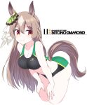  1girl animal_ears bare_shoulders black_buruma black_sports_bra blush braid breasts brown_eyes brown_hair buruma cleavage closed_mouth double-parted_bangs ear_ornament green_buruma green_sports_bra hair_between_eyes half_up_braid horse_ears horse_girl horse_tail large_breasts leaning_forward long_hair looking_at_viewer multicolored_hair satono_diamond_(umamusume) shigino_sohuzi smile solo sports_bikini sports_bra streaked_hair tail umamusume very_long_hair 