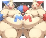 0907_kapi 2025 anthro anthro_on_anthro anthrofied belly belly_markings belly_to_belly big_belly biped blue_body blue_ears blue_fur blue_markings blue_nose blue_sclera blush blush_lines chest_tuft claw_fingers claws colored cute_fangs digital_media_(artwork) duo emanata eye_markings fangs featureless_crotch finger_claws fur generation_3_pokemon hand_holding heart_symbol hi_res kemono looking_at_viewer male male/male male_anthro mammal markings mismatched_ears moobs navel neck_tuft nintendo nude obese obese_anthro obese_male one_eye_closed open_mouth open_smile overweight overweight_anthro overweight_male pink_nose pink_sclera pink_tongue pokemon pokemon_(species) pokemorph portrait red_body red_ears red_fur red_markings shaded shiny_pokemon side_view simple_background smile standing tan_body tan_ears tan_fur teeth thick_thighs three-quarter_portrait tongue tuft wink zangoose