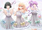  3girls :d apdjspdag black_hair blunt_bangs blunt_ends bob_cut bow cerise_bouquet clenched_hand commentary cowboy_shot dress flower flower_knot frilled_dress frills grey_dress hair_bow hair_bun hair_flower hair_ornament hairband hand_on_own_chest highres hinoshita_kaho holiday_holiday_(love_live!) long_hair looking_at_viewer love_live! love_live!_hasu_no_sora_jogakuin_school_idol_club medium_hair momose_ginko multiple_girls offering_hand open_hand open_hands open_mouth orange_hair otomune_kozue outstretched_arm outstretched_arms pinafore_dress pink_flower plaid_clothes plaid_dress shirt short_dress short_hair side_ponytail sidelocks single_side_bun sleeveless sleeveless_dress smile untranslatable_commentary virtual_youtuber white_bow white_shirt yellow_hairband 
