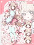  1girl :t animal_ears apron bandana bandana_around_neck bare_arms blonde_hair blush bow breasts brown_eyes buttons cat_ears cat_girl cat_tail chestnut_mouth commission crying crying_with_eyes_open different_zoom_layer dot_nose ear_bow fang food_print frilled_apron frilled_shirt frills fruit_print furrowed_brow hands_up heel_up highres kimmissionn light_frown long_hair looking_at_viewer mary_janes miniskirt multiple_expressions original paw_pose pigeon-toed pink_bandana pink_shoes pink_skirt pink_tail pleated_skirt shirt shoes skirt small_breasts standing star_(symbol) strawberry_print swept_bangs tail tail_bow tail_ornament tears thighhighs thighs two_side_up v-shaped_eyebrows very_long_hair waist_apron white_apron white_shirt white_thighhighs zoom_layer 