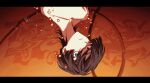  1boy absurdres bare_shoulders bishounen black_hair blue_eyes blunt_ends bubble cable choppy_bangs collarbone eyeliner genshin_impact highres looking_at_viewer makeup male_focus orange_background parted_lips red_eyeliner ringed_eyes scaramouche_(genshin_impact) solo topless_male tsurime underwater white_mouth wide-eyed wolf_cut yotta701 