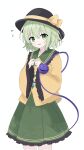  1girl absurdres b3l_rinrin black_hat bow buttons closed_mouth collared_shirt commentary_request diamond_button disembodied_linked_eye eyeball floral_print flying_sweatdrops frilled_shirt_collar frilled_skirt frilled_sleeves frills green_eyes green_hair green_skirt hat hat_bow highres komeiji_koishi long_sleeves looking_at_viewer print_skirt rose_print shirt simple_background skirt smile solo touhou variant_set white_background wide_sleeves yellow_bow yellow_shirt 