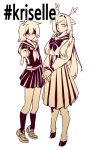  0916psy 1girl 1other absurdres androgynous animal_ears ankle_socks antlers deer_antlers deer_ears deer_girl deltarune english_text furry furry_female hashtag highres horns kris_(deltarune) long_hair long_sleeves miniskirt neckerchief noelle_holiday reindeer_girl sailor_collar school_uniform serafuku shaded_face shirt shoes short_hair simple_background skirt socks utdr_(toby_fox) v white_background 