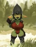 big_breasts biped breasts clothed clothing cranihum detailed_background female front_view goblin green_body hi_res humanoid not_furry open_mouth outside red_clothing small_waist smile solo wide_hips