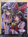  2girls absurdres ascot blonde_hair bow breasts brown_hair chest_sarashi choker cleavage closed_mouth detached_sleeves dress frilled_bow frilled_hair_tubes frills gloves hair_bow hair_tubes hakurei_reimu harikona hat hat_ribbon highres holding_hands large_breasts long_hair looking_at_viewer medium_breasts mob_cap multiple_girls oil_painting_(medium) painting_(medium) photo_(medium) purple_dress purple_eyes red_bow red_eyes red_ribbon ribbon ribbon-trimmed_sleeves ribbon_choker ribbon_trim sarashi signature smile touhou traditional_media upper_body white_gloves white_hat yakumo_yukari yellow_ascot yuri 