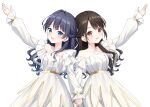  2girls 6th_live_dream_~bloom_garden_party~ :d animification arm_up armpit_crease blue_eyes blue_hair blush braid brown_eyes brown_hair collarbone commentary_request cowboy_shot criss-cross_straps dress flower_stand_art frilled_sleeves frills half_up_braid half_updo hanazora_satsuki hikari_no_naka_de_hana_saite holding_hands long_hair long_sleeves looking_at_viewer love_live! love_live!_hasu_no_sora_jogakuin_school_idol_club love_live!_hasu_no_sora_jogakuin_school_idol_club_bloom_garden_party mole mole_on_neck multiple_girls murano_sayaka nonaka_kokona open_mouth outstretched_arm puffy_long_sleeves puffy_sleeves real_life sample_watermark simple_background single_bare_shoulder single_off_shoulder smile voice_actor voice_actor_connection watermark white_background white_dress 