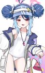  1girl :3 :d antenna_hair armband ass_visible_through_thighs blue_archive blue_hair blush coat collarbone commentary covered_navel cowboy_shot double-parted_bangs double_bun fang flat_chest food fubuki_(blue_archive) fubuki_(swimsuit)_(blue_archive) hair_between_eyes hair_bun halo hand_on_own_hip highres holding holding_food holding_popsicle long_sleeves looking_at_viewer multicolored_hair official_alternate_costume old_school_swimsuit one-piece_swimsuit open_clothes open_coat popsicle purple_armband red_eyes red_halo sari_(zakura27502762) school_swimsuit sidelocks simple_background skin_fang smile solo standing streaked_hair sweat swim_ring swimsuit thighs whistle whistle_around_neck white_background white_coat white_one-piece_swimsuit 