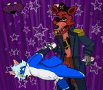 ahegao anal anal_penetration animatronic anthro blue_body blue_eyes blue_fur bodily_fluids bound canid canine clothing coat cuff_(restraint) curtains drooling duo eye_patch eyewear five_nights_at_freddy's fox foxy_(fnaf) fucked_silly fur genital_fluids gold_(metal) gold_tooth green_eyes handcuffs heterochromia hi_res looking_pleasured machine male male/male mammal metal_cuffs penetration pirate precum raccoongirl restraints robot robot_anthro saliva scottgames sex tekno topwear white_body white_fur yellow_eyes
