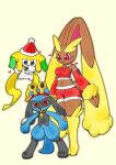 2025 absurd_res ambiguous_gender anthro arm_warmers armwear bell bell_necklace blush bottomwear breasts christmas christmas_clothing clothing cross-popping_vein fake_antlers fake_horns female generation_3_pokemon generation_4_pokemon group heart_symbol hi_res holidays jirachi legendary_pokemon lopunny mush_tewi nintendo pokemon pokemon_(species) riolu scarf shorts simple_background tall_female trio