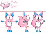absurd_res animate_inanimate belly blue_paws breasts canid canine cuddly_kitsune female fox fox_spirit fur hi_res living_plushie mammal model_sheet pink_body pink_fur plushie professorventurer solo white_belly