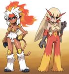  artist_request blaziken blonde_hair blue_eyes breasts claws dark_skin fiery_hair fire gen_3_pokemon gen_4_pokemon infernape medium_breasts moemon multiple_girls navel personification pokemon pubic_hair tail underboob white_hair 