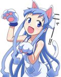  animal_ears arched_back bare_shoulders blue_eyes blue_hair blush cat_ears cat_paws cat_tail choko_(chokotto_sister) chokotto_sister dress gloves hat ikamusume kurai_(cry) long_hair nekonyan_dance open_mouth parody paw_gloves paw_pose paws shinryaku!_ikamusume simple_background solo tail tentacles 