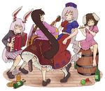  accordion acoustic_guitar alcohol animal_ears barrel bunny_ears dancing flute food guitar houraisan_kaguya inaba_tewi instrument kishiinu multiple_girls music reisen_udongein_inaba touhou trigram wine yagokoro_eirin 