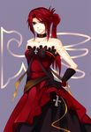  bad_id bad_pixiv_id bare_shoulders blue_eyes bow bowtie bracer choker cross dress elbow_gloves flower genderswap genderswap_(mtf) gloves hand_on_hip long_hair ponytail red_dress red_hair rose solo still_(just) strapless strapless_dress tattoo umineko_no_naku_koro_ni ushiromiya_battler 