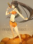  arancia brown_eyes brown_hair food fruit gun handgun heca midriff miniskirt navel orange orange_(color) orange_skirt original pistol skirt solo twintails weapon 