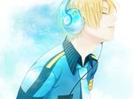  bangs beamed_eighth_notes blonde_hair blue blue_background blue_neckwear blue_shirt cable closed_eyes collared_shirt eighth_note eyelashes headphones listening_to_music male_focus musical_note necktie parted_lips profile shirt solo suiga_sora upper_body utau wii_hola 