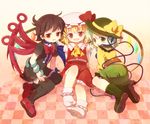  asymmetrical_wings black_hair blonde_hair bobby_socks boots chaba_(hortensia) child feet flandre_scarlet green_eyes green_hair hat houjuu_nue komeiji_koishi looking_at_viewer mary_janes multiple_girls no_shoes red_eyes shoes short_hair sitting smile socks stage_connection thighhighs touhou wings 