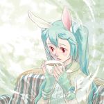  animal_ears aqua_hair bowl bunny_ears coffee fingerless_gloves gloves hair_ornament hairclip hatsune_miku long_hair mentsuyu red_eyes solo twintails vocaloid 