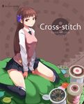  brown_hair copyright_request flower hair_flower hair_ornament kawa_akira long_hair miniskirt necktie red_eyes skirt solo sweater_vest thighhighs 