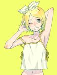 aqua_eyes armpits arms_behind_head arms_up blonde_hair camisole hair_ribbon kagamine_rin mentsuyu midriff one_eye_closed ribbon simple_background smile solo vocaloid 