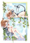  ahoge animal_ears ass barefoot blonde_hair blush brown_eyes cat_ears cat_tail copyright_request emperpep feet flower multiple_girls tail traditional_media watercolor_(medium) 