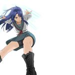  amaron asakura_ryouko blue_eyes blue_hair boots combat_boots kita_high_school_uniform long_hair school_uniform serafuku shorts solo spikes suzumiya_haruhi_no_yuuutsu upskirt 