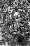  antediluvian bad_id bad_pixiv_id flandre_scarlet flower greyscale looking_up monochrome nude rose skull solo thorns touhou traditional_media wings 