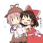  &gt;:) ^_^ blush bow brown_hair chibi closed_eyes detached_sleeves hair_bow hakurei_reimu hat hug multiple_girls mystia_lorelei pink_hair sarashi smile sweatdrop touhou translated v-shaped_eyebrows yamabuki_(yusuraume) 