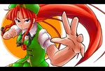  aono3 braid fighting_stance foreshortening hands hat hong_meiling letterboxed long_hair purple_eyes red_hair solo touhou twin_braids 