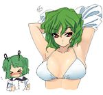  &gt;_&lt; antennae armpits arms_behind_head arms_up bad_id bad_pixiv_id bikini bikini_top breasts cape closed_eyes green_hair kazami_yuuka large_breasts multiple_girls oekaki red_eyes simple_background swimsuit tonbi touhou undressing white_background wriggle_nightbug 