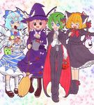  4girls :d ^_^ ^o^ bad_id bad_pixiv_id blonde_hair blue_eyes blue_hair blush broom cirno closed_eyes costume full_body green_hair halloween halloween_costume hat itetaki looking_at_viewer multiple_girls mystia_lorelei open_mouth rumia short_hair smile standing team_9 touhou witch_hat wriggle_nightbug 