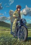  androgynous brough_superior cloud coat day fur_hat gloves grass ground_vehicle hat hermes kino kino_no_tabi motor_vehicle motorcycle reise reverse_trap short_hair sky solo tomboy 