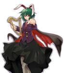  animal_ears bad_id bad_pixiv_id blazer bunny_ears cape copyright_request green_hair harp instrument jacket jurio_(greatdaze) maguroido necktie pantyhose red_eyes short_hair solo 