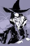  bad_id bad_pixiv_id blue_eyes capelet demon's_souls dress hat hat_over_one_eye long_sleeves looking_at_viewer mera_nattou monochrome purple sitting solo souls_(from_software) spot_color witch witch_hat yuria_the_witch 