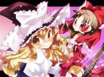  bad_id bad_pixiv_id blonde_hair bow braid broom brown_hair detached_sleeves hakurei_reimu hat highres kirisame_marisa long_hair multiple_girls red_eyes short_hair sumitaso touhou witch_hat yellow_eyes 