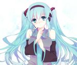  aqua_eyes aqua_hair detached_sleeves hatsune_miku headphones headset long_hair necktie pipetto simple_background solo tears twintails vocaloid 