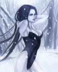  1girl arms_up bare_shoulders blue_hair blue_lips blue_skin breasts cleavage female final_fantasy final_fantasy_vii forest kareji leotard long_hair lowres monochrome nature outdoors red_eyes snow snow_(ff7) solo tree very_long_hair 