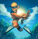  blue_eyes foreshortening hands headband konohagakure_symbol male_focus naruto naruto_(series) open_mouth orange_hair solo uzumaki_naruto weapon zurdom 