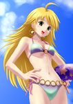  bikini blonde_hair breasts day earrings green_eyes hand_on_hip hoshii_miki idolmaster idolmaster_(classic) innertube jewelry long_hair medium_breasts nail_polish navel open_mouth pink_nails ponnetsu side-tie_bikini smile solo swimsuit underboob 