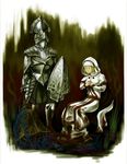  armor blonde_hair blood cape couple demon&#039;s_souls demon's_souls eyes_closed female from_software garl_vinland helmet mace maiden_astraea male mozuku_(pixiv145031) robe shield short_hair sitting souls_(from_software) standing weapon 